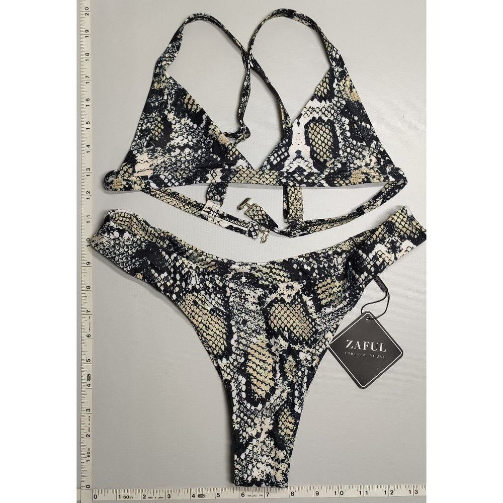 NWT ZAFUL Medium Triangle non-padded High Cut Orange Gold Snake print bikini set